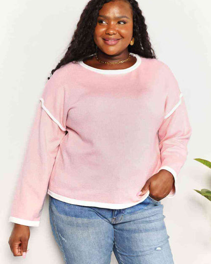 Double Take Contrast Detail Dropped Shoulder Knit Top
