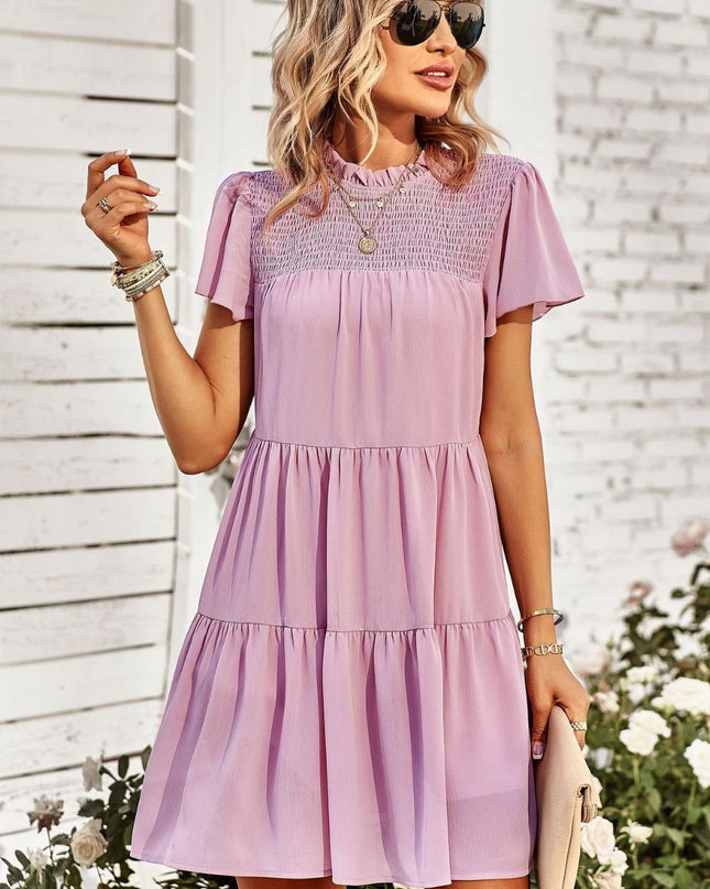 Smocked Puff Sleeve Tiered Mini Dress