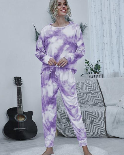 Tie-dye Round Neck Top and Drawstring Pants Lounge Set