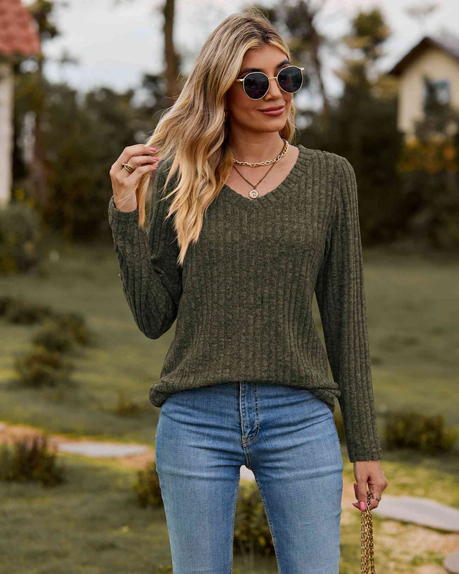 Ribbed V-Neck Long Sleeve Tee