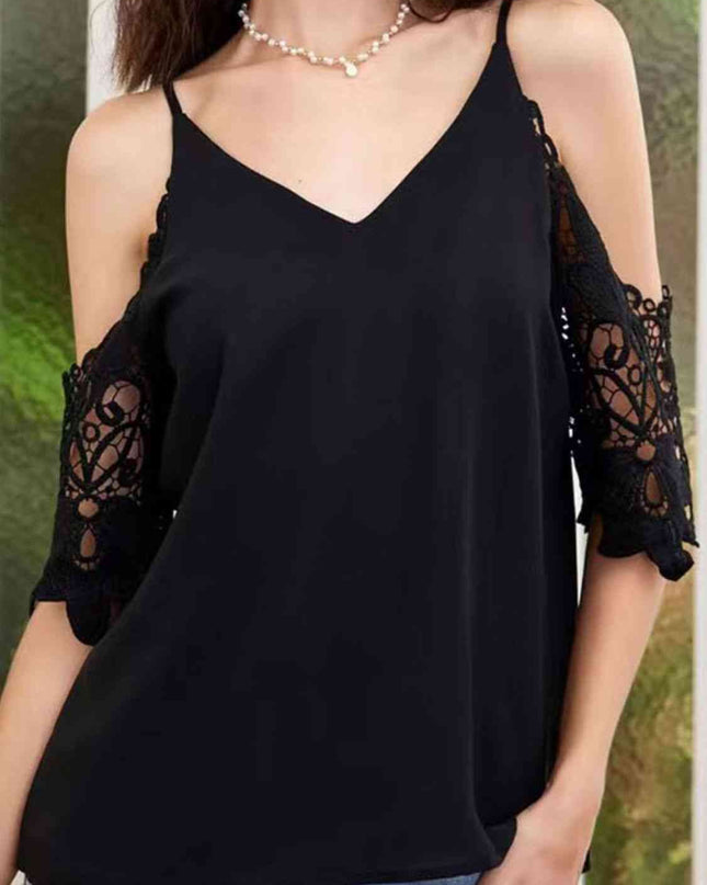 Cold-Shoulder V-Neck Spliced Lace Blouse