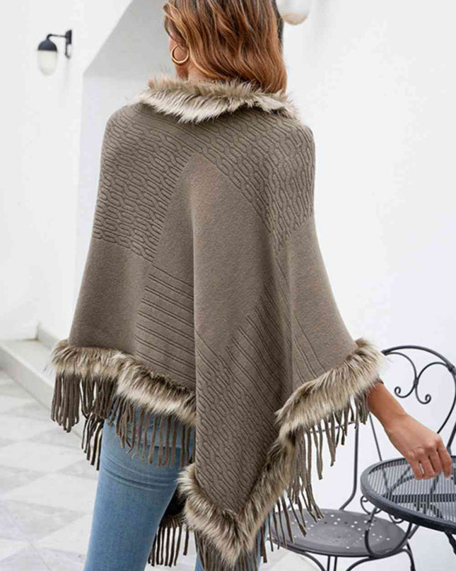 Faux Fur Trim Fringed Poncho