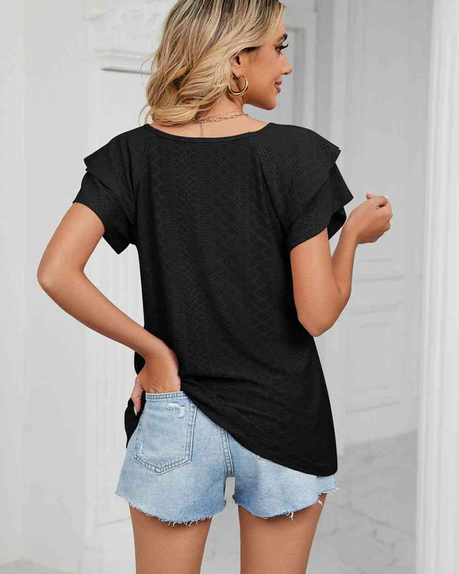 Eyelet Layered Flutter Sleeve V-Neck Knit Top