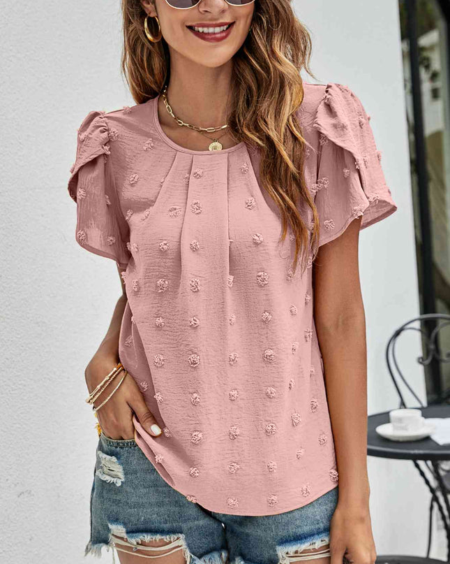 Swiss Dot Round Neck Petal Sleeve Top