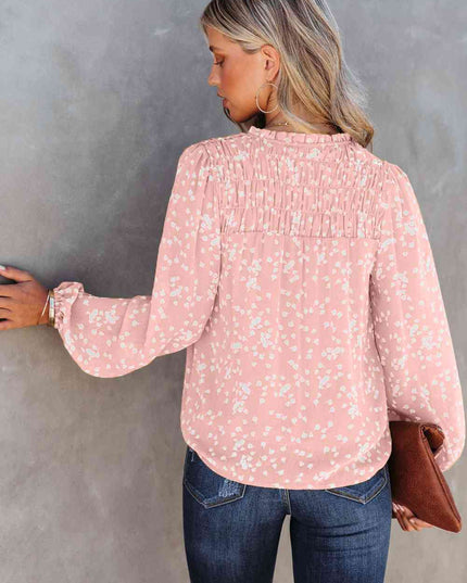 Double Take Printed Notched Neck Smocked Blouse
