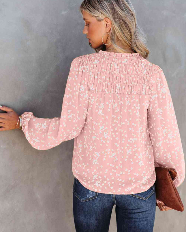 Double Take Printed Notched Neck Smocked Blouse