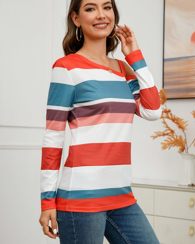 Striped Asymmetrical Neck Long Sleeve T-Shirt