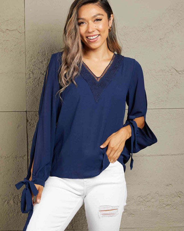 Double Take V-Neck Tie Cuff Slit Blouse
