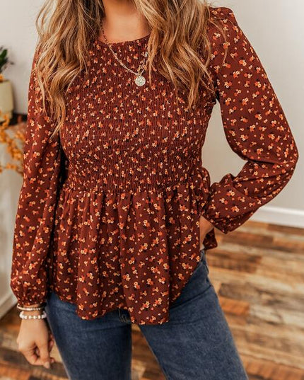 Floral Smocked Ruffle Hem Long Sleeve Blouse