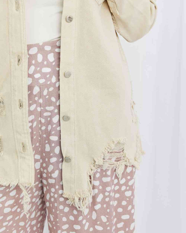 American Bazi Full Size Distressed Button Down Denim Jacket in Sand