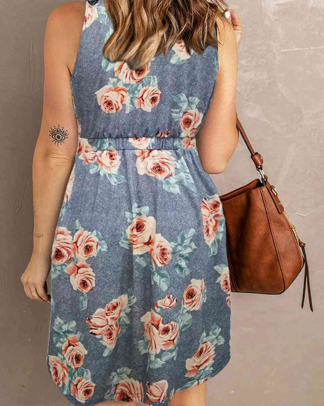 Double Take Printed Scoop Neck Sleeveless Buttoned Magic Dress with Pockets