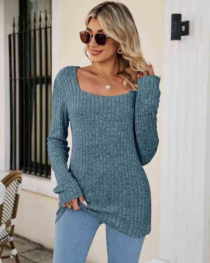 Square Neck Ribbed Long Sleeve T-Shirt
