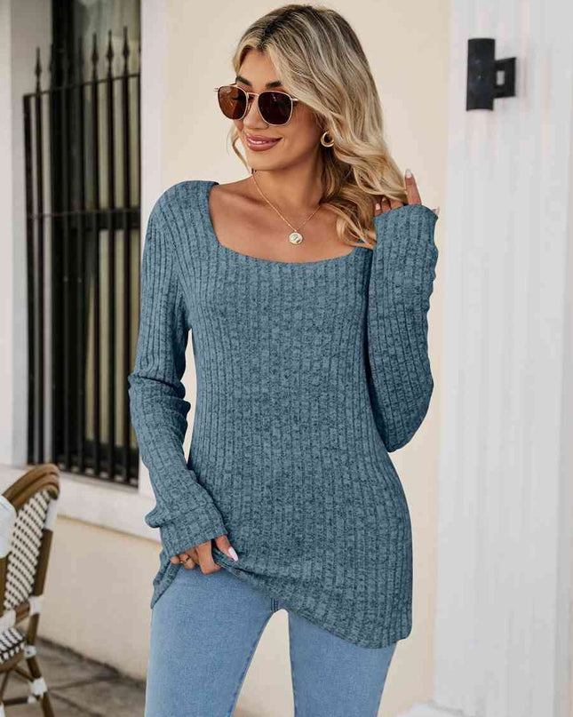 Square Neck Ribbed Long Sleeve T-Shirt
