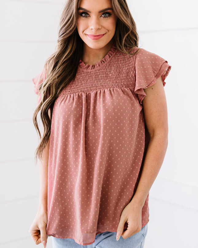 Polka Dot Smocked Flutter Sleeve Blouse