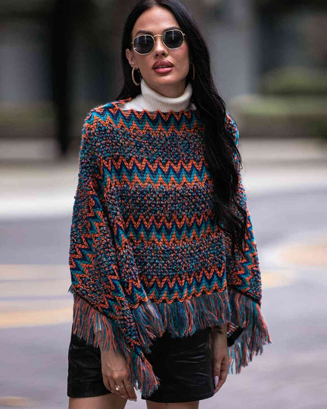Fringe Hem Boat Neck Poncho