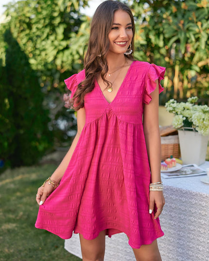 Textured V-Neck Flutter Sleeve Dress
