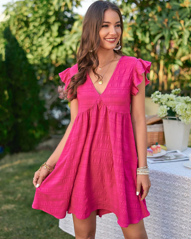 Textured V-Neck Flutter Sleeve Dress