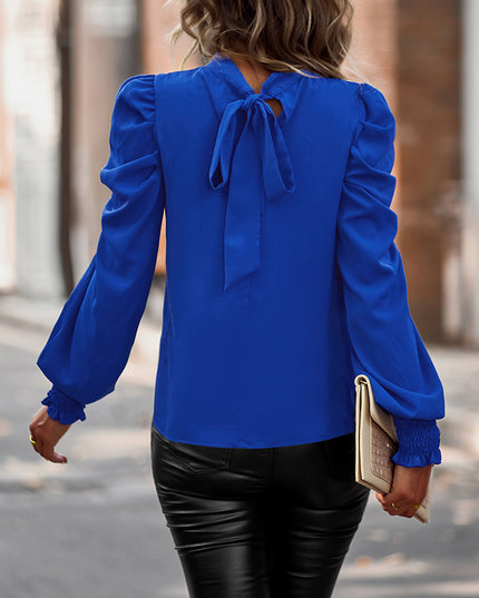 Tie-Back Puff Sleeve Mock Neck Blouse