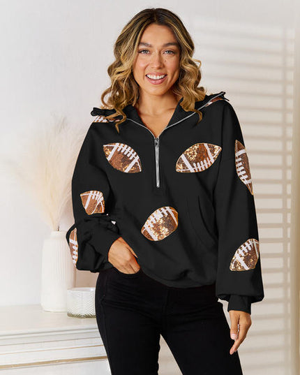 Sequin Football Patch Half-Zip Hoodie