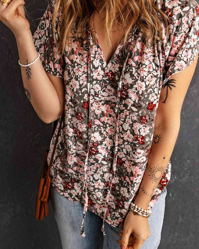 Floral Flutter Sleeve Tie-Neck Blouse