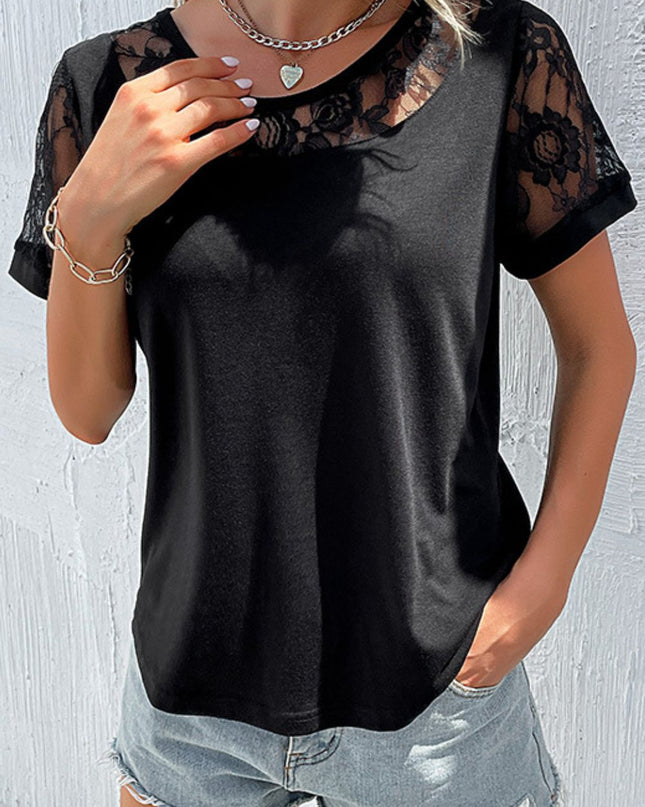 Spliced Lace Round Neck Short Sleeve Top