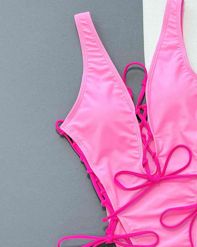 Lace-Up Deep V Sleeveless One-Piece Swimsuit