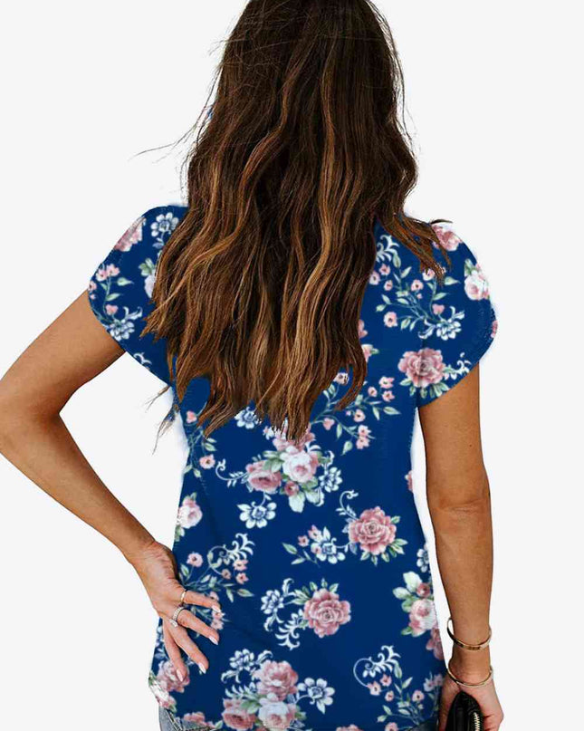 Printed Petal Sleeve V-Neck Blouse