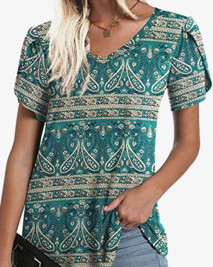 Printed Petal Sleeve V-Neck Blouse