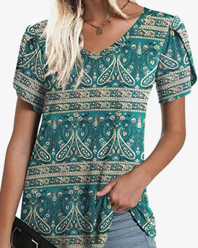 Printed Petal Sleeve V-Neck Blouse