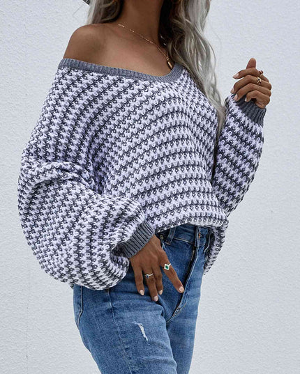 Striped Drop Shoulder V-Neck Pullover Sweater