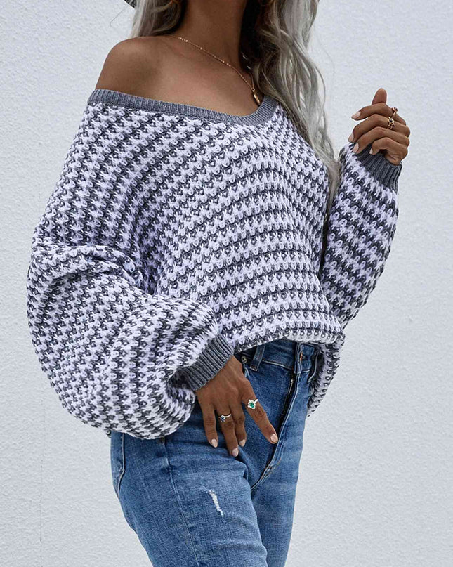 Striped Drop Shoulder V-Neck Pullover Sweater