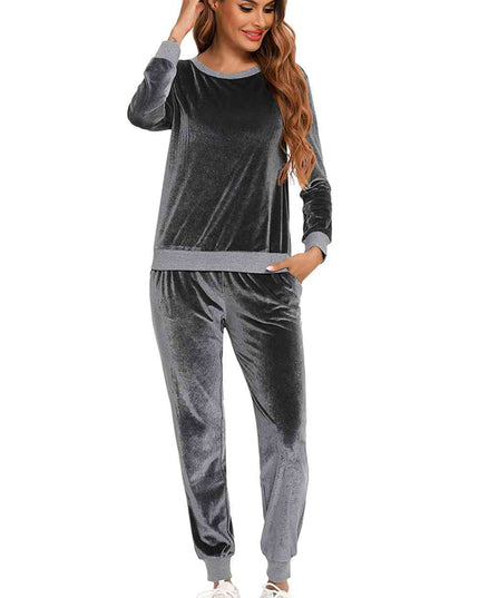Round Neck Long Sleeve Loungewear Set with Pockets