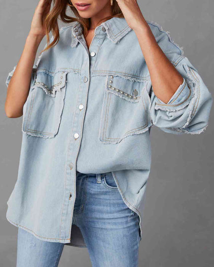 Button Down Raw Hem Denim Jacket