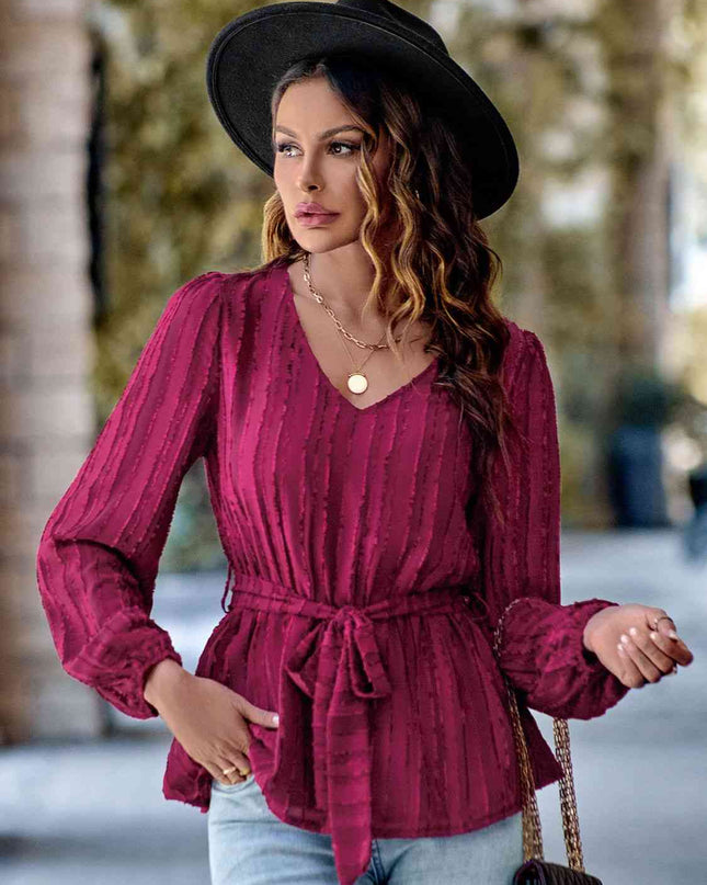 V-Neck Tie Waist Long Sleeve Blouse