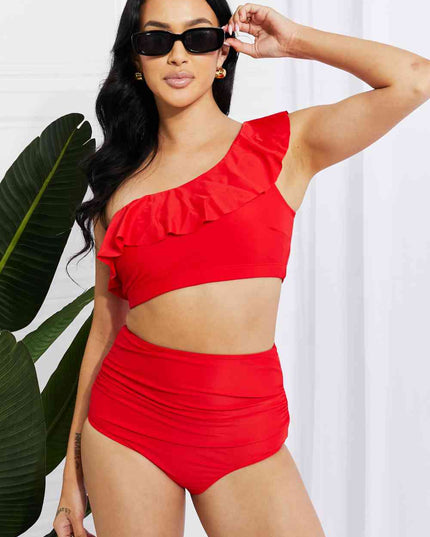 Marina West Swim Seaside Romance Ruffle One-Shoulder Bikini in Red