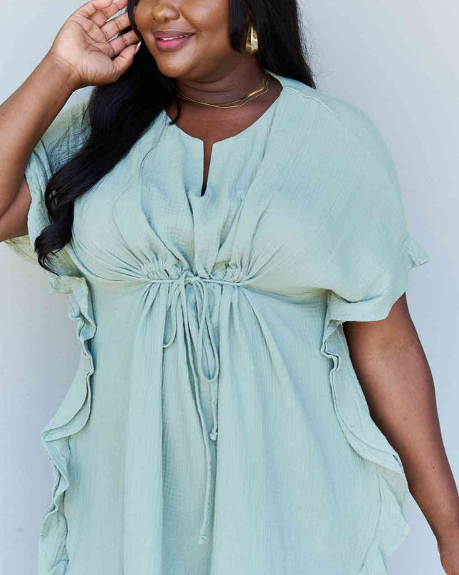 Ninexis Out Of Time Full Size Ruffle Hem Dress with Drawstring Waistband in Light Sage