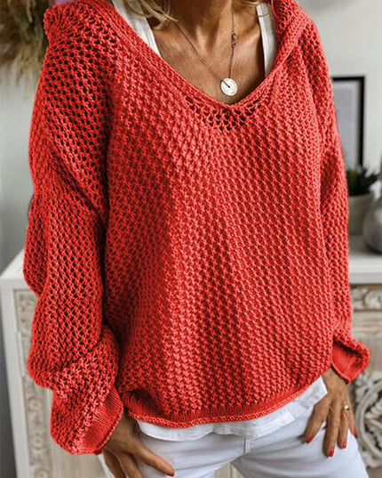 Openwork Hooded Long Sleeve Sweater