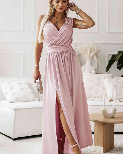 Surplice Neck Spliced Lace Split Maxi Dress