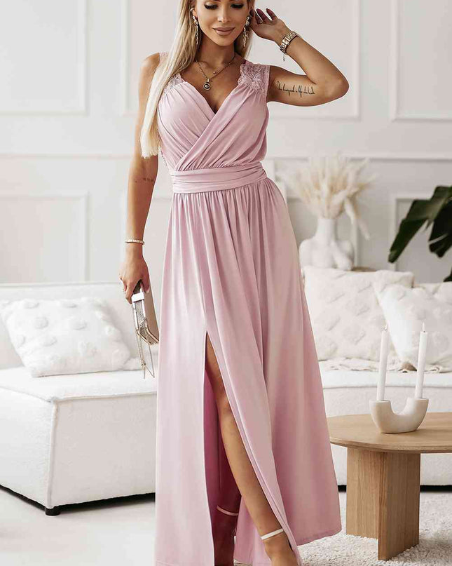 Surplice Neck Spliced Lace Split Maxi Dress