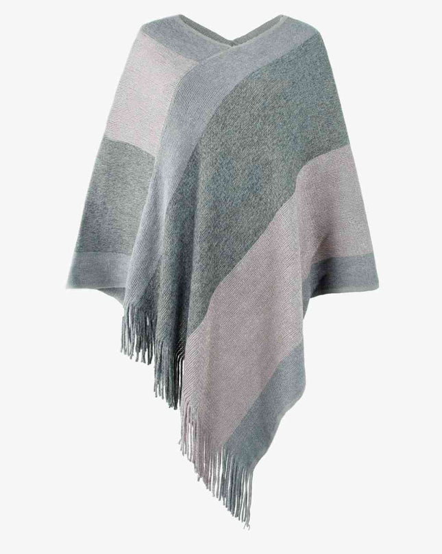 Color Block Fringe Hem Poncho