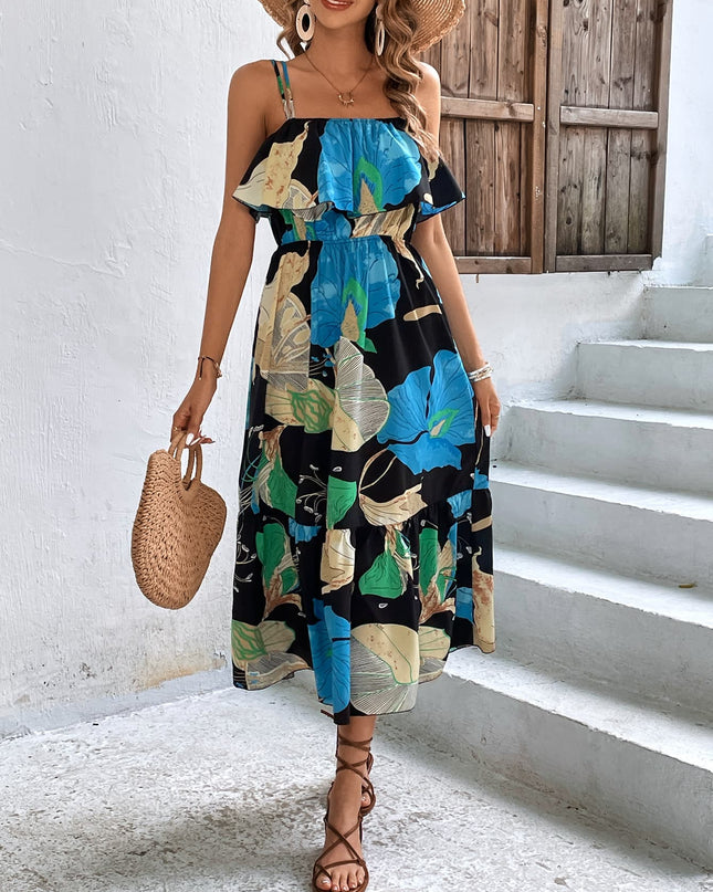 Floral Double-Strap Ruffle Hem Dress