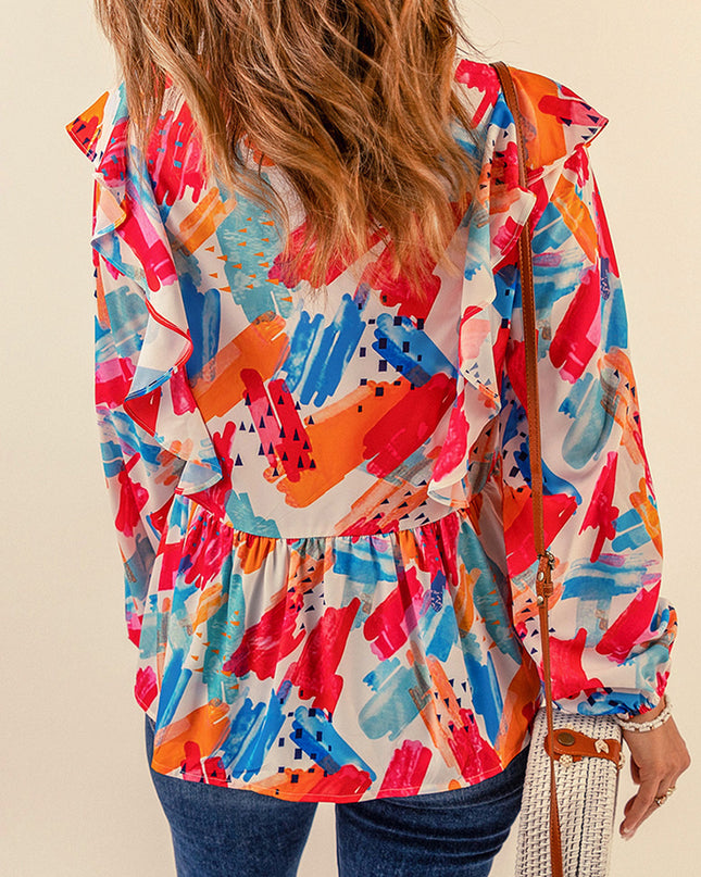 Brush Stroke Ruffled Tie Neck Blouse