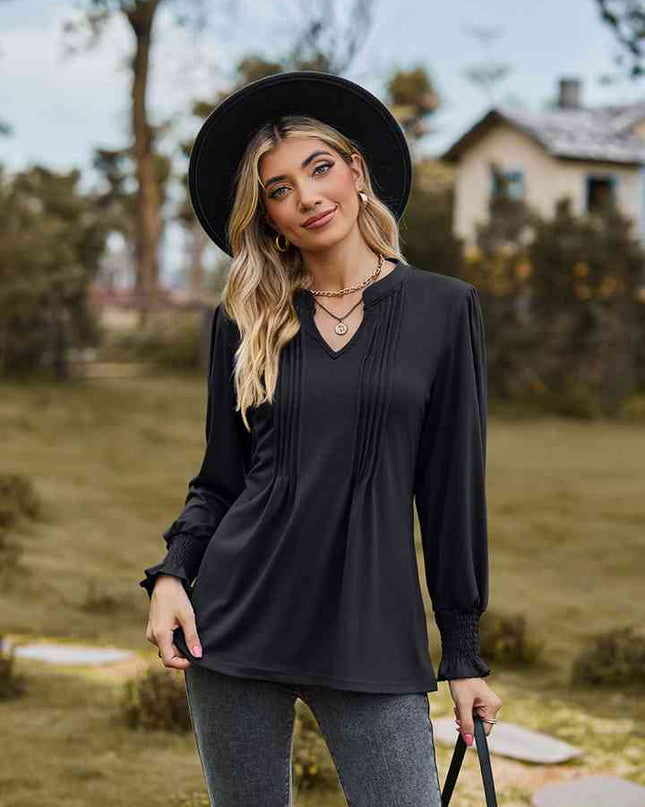 Notched Neck Flounce Sleeve Blouse