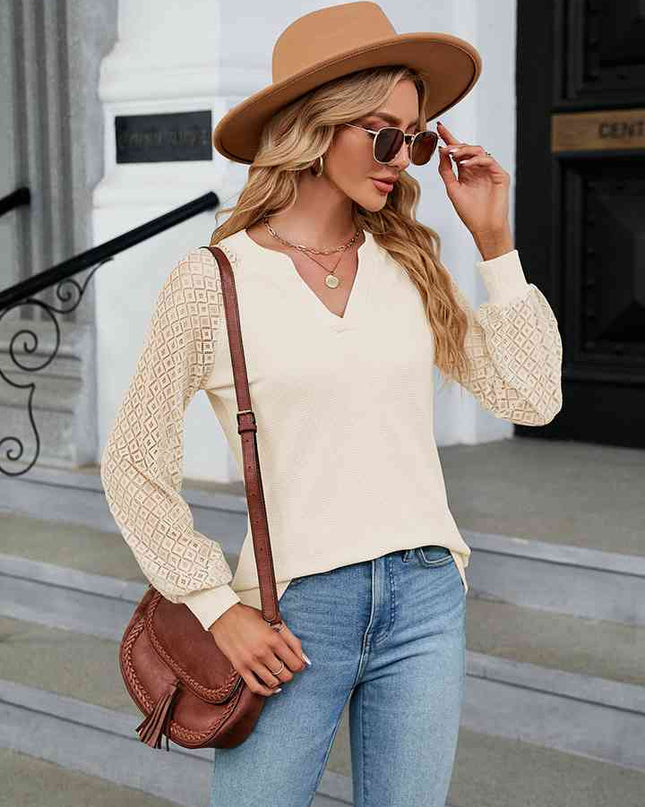 Notched Neck Long Sleeve Blouse