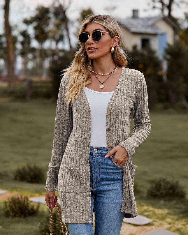Double Take Ribbed Button-Up Cardigan with Pockets
