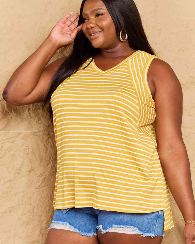 Doublju Talk To Me Full Size Striped Sleeveless V-Neck Top