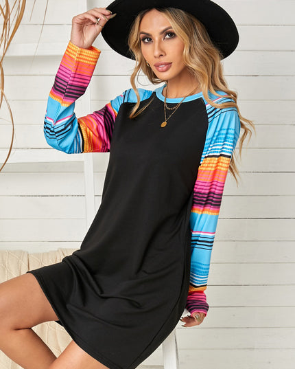 Striped Long Raglan Sleeve Round Neck Dress