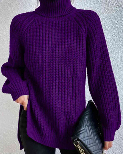 Full Size Turtleneck Rib-Knit Slit Sweater