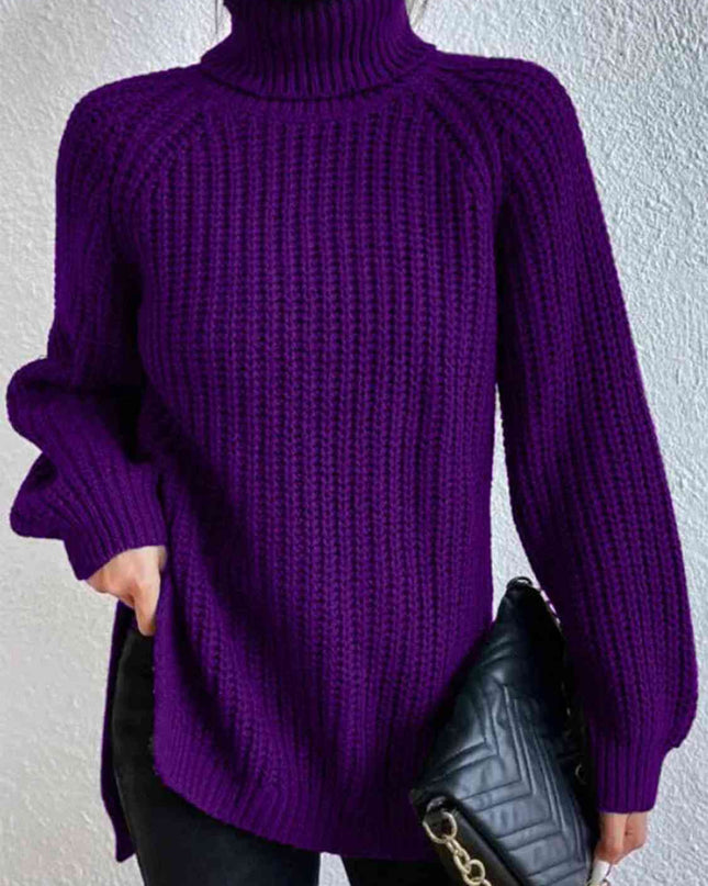Full Size Turtleneck Rib-Knit Slit Sweater