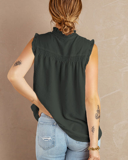 Buttoned Frill Trim Smocked Sleeveless Blouse
